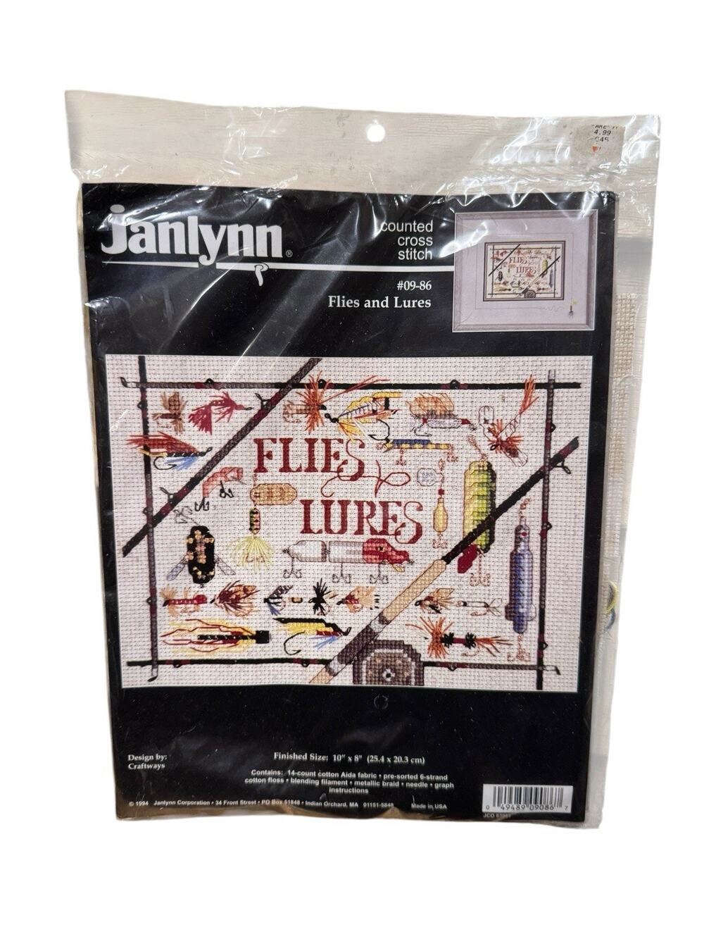 Janlynn Counted Cross Stitch Kit Flies & Lures 09-86 Vintage 1994